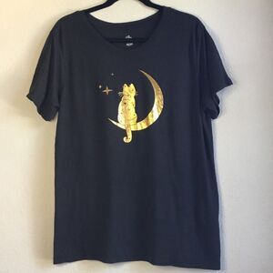 Black Halloween tshirt with gold cat moon and stars silhouette witchy black cat